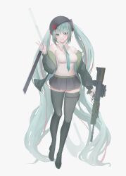 Rule 34 | 1girl, absurdres, aqua eyes, aqua hair, assault rifle, black skirt, breasts, bullpup, commentary request, commission, detached sleeves, full body, gun, hat, hatsune miku, highres, holding, holding gun, holding sword, holding weapon, l85, long hair, looking at viewer, medium breasts, multicolored hair, necktie, pixiv commission, red hair, rifle, skirt, solo, sweater, sword, tachibana shiori (suica 112), twintails, two-tone hair, very long hair, vocaloid, weapon
