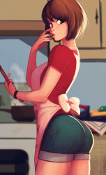 Rule 34 | 1girl, apron, ass, breasts, brown eyes, brown hair, cabinet, chocolate, commentary, denim, denim shorts, finger in own mouth, highres, kitchen, looking at viewer, looking to the side, medium breasts, original, raichiyo33, short hair, shorts, solo, stove, thighs, wooden spoon