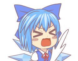 Rule 34 | &gt; &lt;, 1girl, 610480663, ayanami barrage (meme), blue dress, blue hair, blush, chinese commentary, cirno, commentary request, dress, gyate gyate, ice, ice wings, meme, open mouth, short hair, touhou, upper body, white background, wings