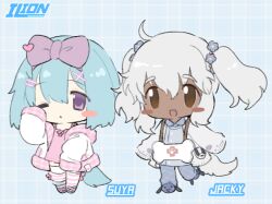 Rule 34 | 2girls, :&lt;, ahoge, animal ears, animal slippers, anklet, blouse, blue background, blue hair, blue pants, blue shirt, blush stickers, borrowed character, bow, brown eyes, camisole, chibi, chibi only, closed mouth, coat, collared shirt, commentary, cross-laced footwear, dark-skinned female, dark skin, dog ears, dog girl, dog slippers, dog tail, english commentary, flower hairband, full body, grey hair, grey sweater, hair between eyes, hair bow, hair ornament, hairpin, hand up, jewelry, lapithai, large bow, long hair, looking at viewer, multiple girls, no pupils, one eye closed, open mouth, original, pants, pink camisole, pink footwear, pink socks, plaid, plaid background, purple bow, purple eyes, shirt, sleeves past fingers, sleeves past wrists, slippers, socks, solo, standing, standing on one leg, striped clothes, striped socks, sweater, tail, thighhighs, white coat, white socks, white thighhighs