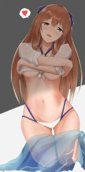 Rule 34 | 1girl, absurdres, bikini, blue ribbon, blush, breasts, brown hair, clothes lift, collarbone, girls&#039; frontline, green eyes, hair between eyes, hair ribbon, hair rings, half-closed eyes, head tilt, heart, highres, huge filesize, incredibly absurdres, large breasts, lifted by self, long hair, looking at viewer, natsuki (mclarenmiz), navel, o-ring, o-ring top, official alternate costume, open mouth, ribbon, sarong, see-through, shirt, shirt lift, sidelocks, simple background, smile, solo, spoken heart, springfield (girls&#039; frontline), springfield (stirring mermaid) (girls&#039; frontline), stomach, swimsuit, thighs, tied shirt, underboob, undressing, white bikini, white shirt