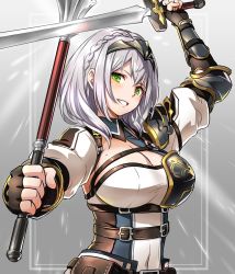 Rule 34 | 1girl, armor, black armor, black gloves, blue collar, braid, breastplate, breasts, circlet, cleavage, cleavage cutout, clothing cutout, collar, fingerless gloves, gloves, gold trim, green eyes, hair between eyes, highres, holding, holding sword, holding weapon, hololive, large breasts, looking at viewer, mace, medium hair, mole, mole on breast, o-ring, shirogane noel, shirogane noel (1st costume), shoulder armor, solo, sword, teeth, virtual youtuber, weapon, white hair, wrist guards, zaxwu