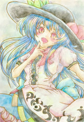 Rule 34 | 0917yuka, 1girl, apron, black hat, blue hair, blue skirt, bow, bowtie, buttons, center frills, colored pencil (medium), cowboy shot, frills, hair between eyes, hand to own mouth, hat, head tilt, highres, hinanawi tenshi, large hat, leaf hat ornament, long hair, looking at viewer, open mouth, pastel colors, peach hat ornament, puffy short sleeves, puffy sleeves, red bow, red bowtie, red eyes, shirt, short sleeves, simple background, skirt, solo, touhou, traditional media, waist apron, white apron, white shirt