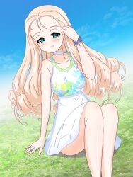 Rule 34 | 1girl, absurdres, blonde hair, blue sky, blush, bracelet, casual, choker, closed mouth, cloud, cloudy sky, commentary, day, dress, drill hair, earlobe1514366, girls und panzer, grass, green eyes, half-closed eyes, hand in own hair, head tilt, highres, jewelry, long hair, looking at viewer, marie (girls und panzer), outdoors, short dress, sitting, sky, smile, solo, sundress, textless version, white choker