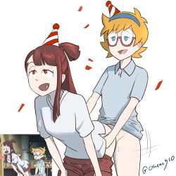 Rule 34 | 1boy, 1girl, blonde hair, blue eyes, breasts, brown hair, clothed sex, clothes, futa with female, futanari, glasses, grabbing, grabbing from behind, hairband, highres, kagari atsuko, little witch academia, long hair, lotte jansson, multiple girls, oksandio, open mouth, partially undressed, ponytail, red eyes, rolling eyes, sex, sex from behind, short hair, shorts, simple background, smile, white background