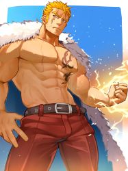 Rule 34 | 1boy, abs, bara, belt, black belt, blonde hair, blue cape, cape, chest tattoo, closed mouth, electricity, facial mark, fairy tail, fur-trimmed cape, fur trim, hidora art, highres, large pectorals, laxus dreyar, male focus, muscular, muscular male, navel, nipples, pants, pectorals, red pants, short hair, sideburns, solo, sweat, tattoo, topless male