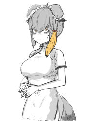 Rule 34 | 1girl, alternate costume, bird tail, blush, breasts, china dress, chinese clothes, commentary request, double bun, dress, fingers together, hair between eyes, hair bun, john (a2556349), kemono friends, large breasts, shoebill (kemono friends), simple background, solo, spot color, sweatdrop, tail, tsurime, white background, yellow eyes
