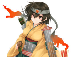 Rule 34 | 10s, 1girl, arrow (projectile), breasts, brown eyes, brown gloves, brown hair, flight deck, gloves, headband, hiryuu (kancolle), hiryuu kai ni (kancolle), holding, holding arrow, japanese clothes, kantai collection, kimono, large breasts, long sleeves, one side up, quiver, simple background, solo, suna kiririto, upper body, white background, wide sleeves, yellow kimono