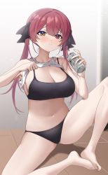 Rule 34 | 1girl, 8851 (user kpkf3322), bare legs, barefoot, beer can, black bra, black panties, black ribbon, blush, bra, breasts, can, cleavage, clothes lift, commentary, drink can, feet, frown, hair ribbon, heterochromia, highres, holding, holding can, hololive, houshou marine, large breasts, legs, lifted by self, long hair, navel, on floor, panties, raised eyebrows, red eyes, red hair, revision, ribbon, shirt lift, sitting, solo, stomach, tank top, thighs, tile floor, tiles, toes, twintails, underwear, virtual youtuber, white tank top, yellow eyes