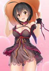Rule 34 | 1girl, ahoge, bare shoulders, black dress, black hair, blush, breasts, brown eyes, choker, cleavage, collarbone, commentary request, covered erect nipples, covered navel, dress, fangs, frilled dress, frills, halloween, hat, highres, idolmaster, idolmaster cinderella girls, kohinata miho, looking at viewer, medium breasts, mk (mod0), navel, no bra, no panties, open mouth, pussy, ribbon, see-through, see-through dress, short hair, sleeveless, sleeveless dress, smile, solo, standing, witch hat, wrist ribbon