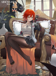 Rule 34 | 1girl, absurdres, arknights, armchair, belt, black belt, black gloves, black pantyhose, black skirt, breasts, cellphone, chair, character doll, copyright name, cushion, dog tags, exusiai (arknights), fingerless gloves, full body, gloves, grey shirt, halo, hand up, highres, holding, holding phone, incense, incense burner, indoors, jacket, jewelry, looking at viewer, medium breasts, midriff, navel, necklace, open clothes, open jacket, pantyhose, phone, plant, potted plant, qiyueban, shirt, short hair, sitting, skirt, smartphone, solo, strap slip, texas (arknights), thighs, white jacket, window, yellow eyes