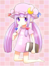 Rule 34 | 1girl, aged down, alternate hairstyle, bad id, bad pixiv id, barefoot, blunt bangs, blush, book, bow, checkered background, child, crescent, female focus, food, hair bow, kneeling, long hair, patchouli knowledge, popsicle, purple eyes, purple hair, solo, touhou, twintails, uta (kuroneko)