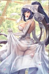 Rule 34 | 1girl, absurdres, ass, ass focus, bad id, bad pixiv id, bare back, blue hair, breasts, bridal gauntlets, bridal legwear, bridal lingerie, bridal veil, bride, butt crack, clothes lift, cuboon, detached sleeves, dress, elbow gloves, evertale, from behind, gloves, green eyes, happy, highres, lace, lace-trimmed dress, lace trim, leotard, lingerie, looking at viewer, looking back, ludmilla (evertale), open mouth, paladin, ponytail, see-through, see-through dress, see-through skirt, sideboob, skindentation, skirt, skirt lift, smile, solo, thick thighs, thighhighs, thighs, underwear, veil, wedding dress, white leotard, white thighhighs