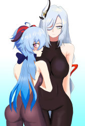 Rule 34 | 2girls, absurdres, ahoge, ass, backboob, bare shoulders, blue hair, blush, bodysuit, bow, breasts, embarrassed, eomo, from behind, ganyu (genshin impact), genshin impact, goat horns, green eyes, hair bow, hair over one eye, hair ribbon, halterneck, highres, horns, large breasts, leotard, long hair, looking at viewer, looking back, medium breasts, multiple girls, open mouth, purple eyes, ribbon, shenhe (genshin impact), shiny clothes, shiny skin, silver hair, very long hair