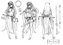 Rule 34 | 10s, 1girl, absurdres, armpits, ass, bare legs, breasts, character sheet, chinese clothes, covered navel, female focus, hair ornament, hairband, highres, long hair, monochrome, multiple views, official art, queen&#039;s blade, queen&#039;s blade rebellion, shirt, sideboob, skin tight, solo, sword, tarnyang (queen&#039;s blade), translation request, weapon, white background