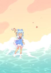 Rule 34 | 1girl, absurdres, akhts, arm up, artist name, barefoot, beach, blue bow, blue dress, blue hair, blush, bow, cirno, closed eyes, collared shirt, commentary, dark-skinned female, dark skin, detached wings, dress, english commentary, flower, full body, hair bow, highres, neck ribbon, ocean, open mouth, outdoors, pinafore dress, promotional art, puffy short sleeves, puffy sleeves, purple flower, red ribbon, ribbon, seashell, shell, shirt, short hair, short sleeves, sleeveless dress, solo, standing, sunflower, tanned cirno, touhou, wading, waves, waving, white shirt, wings, yellow flower