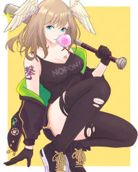 Rule 34 | 1girl, absurdres, angel wings, baseball bat, blue eyes, breast tattoo, breasts, brown hair, chewing gum, cleavage, eunie (xenoblade), gloves, highres, large breasts, looking at viewer, short hair, shorts, sleeveless, smile, squatting, tattoo, arm tattoo, torn clothes, wings, xenoblade chronicles (series), xenoblade chronicles 2