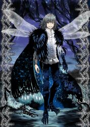 Rule 34 | 1boy, black cape, black pants, blue cape, blue eyes, bug, cape, clawed boots, collared shirt, crown, fairy wings, fate/grand order, fate (series), grey hair, long sleeves, oberon (fate), oberon (third ascension) (fate), official art, pants, puffy sleeves, shirt, umino chika, white shirt, white wings, wings
