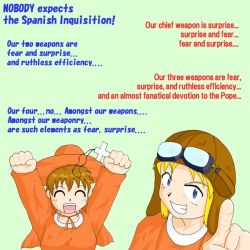 Rule 34 | ^ ^, ^o^, arms up, aviator cap, blonde hair, blue eyes, closed eyes, cross, english text, gender request, genderswap, goggles, goggles on head, grin, hat, monty python, pointing, simple background, smile, spanish inquisition, text focus, tin tin banchou