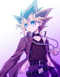 Rule 34 | 1boy, black hair, black jacket, black shirt, blonde hair, brown hair, closed mouth, collar, collarbone, dyed bangs, frown, gradient background, green eyes, hair between eyes, jacket, long sleeves, male focus, millennium puzzle, multicolored hair, muto yugi, open clothes, open jacket, pants, seren (seresere), shirt, solo, spiked hair, yu-gi-oh!, yu-gi-oh! duel monsters