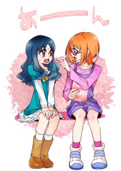 Rule 34 | 10s, 2girls, blue hair, blue shirt, brooch, eye contact, heart, heart brooch, heartcatch precure!, highres, jewelry, kurumi erika, long hair, looking at another, multiple girls, open mouth, orange hair, precure, shirabe ako, shirt, short hair, simple background, sitting, suite precure, tima, white background