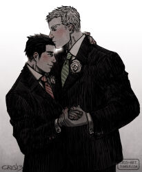 Rule 34 | 2boys, alternate hairstyle, bad id, bad tumblr id, bara, black hair, black suit, blonde hair, blush, closed eyes, couple, cris art, facial hair, formal, hand on another&#039;s neck, happy, height difference, holding hands, hulkling, husband and husband, kiss, kissing forehead, long sideburns, male focus, marvel, multiple boys, muted color, necktie, red necktie, short hair, sideburns, sideburns stubble, spot color, stubble, suit, thick eyebrows, undershirt, upper body, wiccan, yaoi
