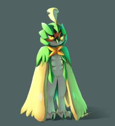 Rule 34 | absurdres, closed mouth, commentary, creatures (company), decidueye, full body, game freak, gen 7 pokemon, grey background, highres, likey, looking at viewer, nintendo, no humans, pokemon, pokemon (creature), red pupils, signature, solo, standing, talons, yellow eyes