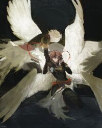 Rule 34 | 2boys, armor, breastplate, brown hair, commentary, dark background, elbow gloves, empty eyes, english commentary, feathered wings, feathers, gloves, granblue fantasy, hair between eyes, hand on another&#039;s arm, highres, hood, kneeling, looking at another, looking down, lucifer (shingeki no bahamut), male focus, messy hair, multiple boys, multiple wings, reaching, red eyes, red scarf, sandalphon (granblue fantasy), scared, scarf, shaded face, short sleeves, shoulder armor, teeth, wahoosandalphon, white hair, white wings, wings