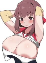 Rule 34 | 1girl, blush, breasts, brown eyes, brown hair, cleavage, closed mouth, clothes lift, clothing aside, elbow sleeve, girls und panzer, hair between eyes, headband, highres, kondou taeko, large breasts, looking at breasts, medium hair, nipple slip, nipples, one-piece swimsuit, red headband, shirt lift, simple background, solo, swimsuit, swimsuit aside, swimsuit under clothes, undersized clothes, water drop, white background, yabai gorilla