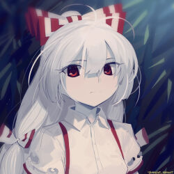 Rule 34 | 1girl, :/, antenna hair, bamboo, blunt ends, boa (brianoa), bow, closed mouth, collared shirt, commentary, english commentary, expressionless, fujiwara no mokou, grey hair, hair between eyes, hair bow, half updo, highres, hime cut, light blush, long hair, looking at viewer, night, ponytail, red bow, red eyes, shirt, sidelocks, solo, suspenders, touhou, twitter username, two-tone bow, upper body, white bow, white shirt, wing collar