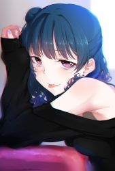 Rule 34 | 10s, 1girl, :p, armpits, black shirt, blue hair, blush, breast press, chromatic aberration, clenched hand, clothing cutout, commentary request, earrings, eyeliner, from side, hair bun, half-closed eyes, half updo, highres, jewelry, leaning, long hair, looking at viewer, love live!, love live! sunshine!!, makeup, nail polish, nasuno (nasuno42), piercing, purple eyes, purple nails, shirt, shoulder cutout, side bun, single side bun, sleeves past wrists, smile, solo, tongue, tongue out, tongue piercing, tsushima yoshiko, upper body, wavy hair