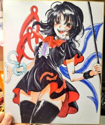 Rule 34 | 1girl, :d, asymmetrical wings, black dress, black thighhighs, blue wings, commentary request, dress, houjuu nue, kuya (hey36253625), looking at viewer, open mouth, red wings, sharp teeth, smile, snake armband, solo, teeth, thighhighs, thighs, touhou, traditional media, upper teeth only, wings, wristband