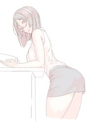 Rule 34 | 1girl, bent over, blue skirt, book, breasts, character request, collared shirt, commentary request, copyright request, cropped legs, desk, glasses, highres, holding, holding book, large breasts, looking at viewer, open book, pale color, parted lips, pencil skirt, semi-rimless eyewear, shirt, short hair, simple background, skirt, solo, standing, under-rim eyewear, white background, yuuji (and)
