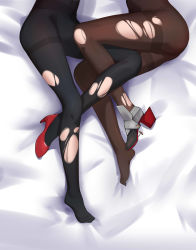 Rule 34 | 2girls, absurdres, bed sheet, black footwear, bodystocking, character request, covered navel, high heels, highres, leg between thighs, legs, lower body, lying, multiple girls, no pants, no shoes, on side, red footwear, rudder footwear, shoes, single shoe, thighs, toes, torn clothes, warship girls r, ze (wzfnn001)