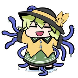 Rule 34 | 1girl, :d, = =, black footwear, black hat, blush, bow, chibi, commentary request, facing viewer, frilled sleeves, frills, full body, green hair, green skirt, hair between eyes, hat, hat bow, koishi day, komeiji koishi, long sleeves, open mouth, outstretched arms, rihito (usazukin), shirt, shoes, short hair, simple background, skirt, smile, solo, standing, tentacles, third eye, touhou, water, white background, wide sleeves, yellow bow, yellow shirt