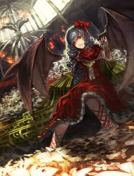Rule 34 | 1girl, blood, bow, dress, fire, hair bow, long hair, looking at viewer, pixiv fantasia, pixiv fantasia fallen kings, red eyes, shirorin (ballet girl&#039;s), silver hair, solo, vampire, wings, wrist cuffs