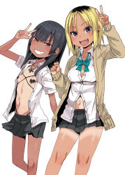 Rule 34 | 2girls, alexa mahone, bad id, bad pixiv id, beige sweater, black hair, black panties, black skirt, blonde hair, blouse, blush, bow, bowtie, breasts, brown eyes, collared shirt, covered erect nipples, dark-skinned female, dark skin, fangs, grin, gyaru, hand up, highleg, highleg panties, highres, jewelry, long sleeves, looking at viewer, loose bowtie, medium breasts, medium hair, miniskirt, multiple girls, navel, necklace, no bra, one-piece tan, open clothes, open mouth, open shirt, original, panties, parted lips, partially unbuttoned, pasties, pleated skirt, school uniform, shirt, short hair, simple background, skirt, small breasts, smile, standing, tan, tanline, unbuttoned, underwear, v, white background, white shirt, wing collar