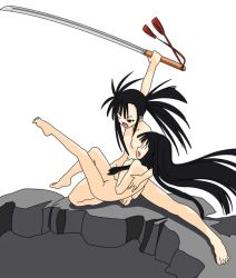 Rule 34 | 00s, 2girls, black hair, konoe konoka, long hair, mahou sensei negima!, multiple girls, nude, sakurazaki setsuna, side ponytail, sword, weapon