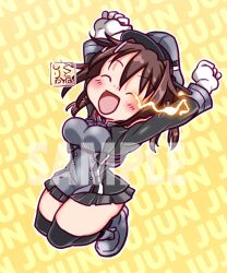 Rule 34 | 1girl, anchor ornament, artist logo, black skirt, black thighhighs, brown hair, closed eyes, commentary request, cosplay, full body, furutaka (kancolle), gloves, glowing, glowing eye, grey hat, hat, jumping, kantai collection, kutone shirika, microskirt, military hat, military uniform, open mouth, peaked cap, prinz eugen (kancolle), prinz eugen (kancolle) (cosplay), sample watermark, short hair, skirt, smile, solo, thighhighs, uniform, watermark, white gloves, yellow background