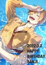 Rule 34 | 1boy, blonde hair, commentary request, closed eyes, facial hair, floating, hair over one eye, hand on own face, highres, long sleeves, male focus, one piece, sanji (one piece), short hair, smile, sorase (srsrs 000), swimming, water