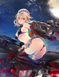 Rule 34 | 1girl, apron, artoria pendragon (all), artoria pendragon (alter swimsuit rider) (fate), artoria pendragon (alter swimsuit rider) (second ascension) (fate), artoria pendragon (fate), ass, bikini, black bikini, black thighhighs, breasts, bridal garter, closed mouth, fate/grand order, fate (series), finger on trigger, from side, glint, gun, hair between eyes, light brown hair, looking at viewer, maid, maid bikini, maid headdress, mary janes, medium breasts, moon, motor vehicle, motorcycle, navel, night, night sky, outdoors, riding, rifle, saber alter, shoes, short hair, sideboob, sky, sniper rifle, solo, swimsuit, teddy (khanshin), thighhighs, unconventional maid, underboob, waist apron, weapon, wet, wet hair, yellow eyes