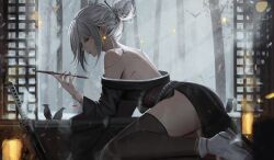 Rule 34 | 1girl, a2 (nier:automata), bare back, bare shoulders, bird, breasts, closed eyes, full body, gloves, hair bun, highres, holding, holding smoking pipe, japanese clothes, kimono, long hair, medium breasts, neo (neorarty3), nier:automata, nier (series), parted lips, smoking pipe, snow, socks, solo, sword, thighhighs, tree, weapon, white hair