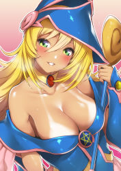 Rule 34 | 1girl, arm guards, bare shoulders, bikini tan, blonde hair, blue dress, blush, breasts, choker, cleavage, dark magician girl, dress, duel monster, green eyes, gyaru, hat, head tilt, highres, holding, holding staff, large breasts, long hair, looking at viewer, no bra, nukkoru, off-shoulder dress, off shoulder, parted lips, pentacle, simple background, smile, solo, staff, sweat, tan, tanline, wizard hat, yu-gi-oh!