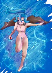 Rule 34 | blue eyes, blue hair, blush stickers, breasts, bubble, cape, clair (pokemon), creatures (company), earrings, female focus, flatpankakesjim, game freak, grin, gym leader, highres, jewelry, leg up, lipstick, looking away, makeup, nail polish, nintendo, nipples, nude, pokemon, pokemon hgss, ponytail, pubic hair, pussy, self-upload, smile, thick thighs, thighs, underwater, water