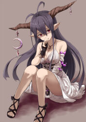 1girl antenna_hair bandaged_arm bandages bare_shoulders black_hair blank_stare blood blood_on_clothes bloody_clothes bloody_dress breasts cleavage clip_studio_paint_(medium) corset danua draph dress fingerless_gloves full_body gloves granblue_fantasy horn_ornament horns jewelry large_breasts long_dress long_hair necklace noa_(nagareboshi) pointy_ears red_eyes sandals simple_background sitting sleeveless sleeveless_dress solo thumb_sucking thumb_to_mouth white_dress