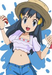 Rule 34 | 1girl, :d, alternate costume, black hair, blue shorts, bracelet, commentary request, creatures (company), cropped shirt, dawn (pokemon), eyelashes, frills, game freak, grey eyes, hainchu, hair ornament, hairclip, hands up, hat, highres, holding, holding poke ball, jewelry, long hair, navel, nintendo, open mouth, poke ball, poke ball (basic), pokemon, pokemon (anime), pokemon dppt (anime), poketch, purple shirt, shirt, short sleeves, shorts, sidelocks, smile, solo, tongue, w arms, watch, wristwatch, yellow hat