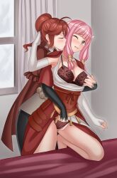 Rule 34 | 2girls, anna (fire emblem), black sleeves, blunt bangs, blush, bra, breasts, capelet, cleavage, closed eyes, commentary request, elbow gloves, fingering, fingerless gloves, fire emblem, fire emblem fates, floral print, gloves, hair tubes, highres, japanese clothes, kiss, kissing neck, large breasts, long hair, low twintails, mitama (fire emblem), mixed-language commentary, multiple girls, nintendo, one eye closed, open clothes, open mouth, paid reward available, panties, pink hair, ponytail, red bra, red capelet, red hair, red panties, rose print, star-shaped pupils, star (symbol), symbol-shaped pupils, twintails, underwear, undressing another, vodka13, white gloves, yuri