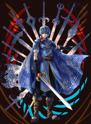 Rule 34 | 1boy, armor, blue hair, cape, fire emblem, fire emblem: mystery of the emblem, fire emblem: new mystery of the emblem, fire emblem: shadow dragon, fire emblem: shadow dragon and the blade of light, highres, holding, holding sword, holding weapon, looking at viewer, male focus, marth (fire emblem), nintendo, smile, solo, sword, techitoni, weapon