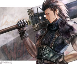 Rule 34 | 1boy, armor, black gloves, black hair, blue eyes, buster sword, earrings, final fantasy, final fantasy vii, gloves, greatsword, hair slicked back, hand on own hip, highres, holding, holding sword, holding weapon, jewelry, male focus, over shoulder, pauldrons, profile, scar, scar on face, shoulder armor, single earring, smile, solo, stud earrings, sushi (sashimise), sword, sword over shoulder, teeth, turtleneck, twitter username, weapon, weapon over shoulder, zack fair
