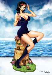 Rule 34 | 1girl, black footwear, black hair, blue eyes, boots, breasts, cleavage, cloud, day, dress, dwarf, eyewear on head, glasses, high heel boots, high heels, huge breasts, iury padilha, knee boots, leo (one piece), long hair, looking at viewer, mini person, miniboy, nico robin, one piece, sand castle, sand sculpture, shiny skin, smile, sunglasses, water